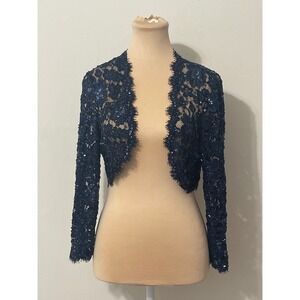 Tadashi Collection Navy Blue Lace Sequin Bolero Cropped Jacket Size 12